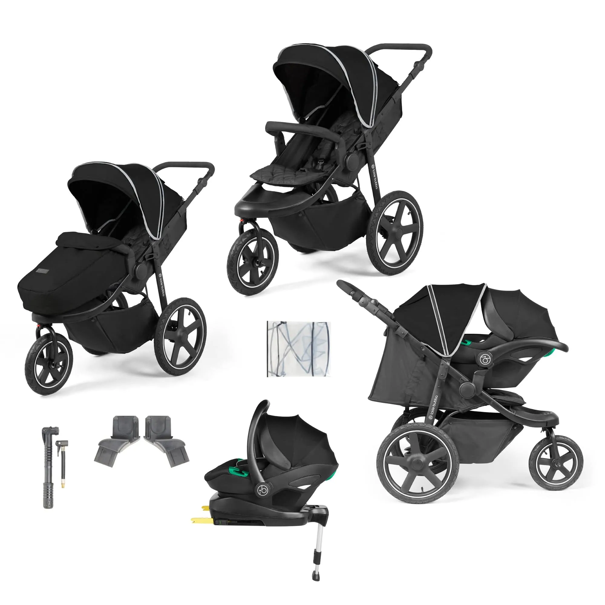 Ickle Bubba Venus Max Jogger Stroller I-Size Travel System in Black/Black with Isofix Base