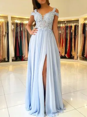 Light Blue Off Shoulder Lace Tulle Long Prom with Leg Slit, Light Blue Lace Graduation Formal Evening