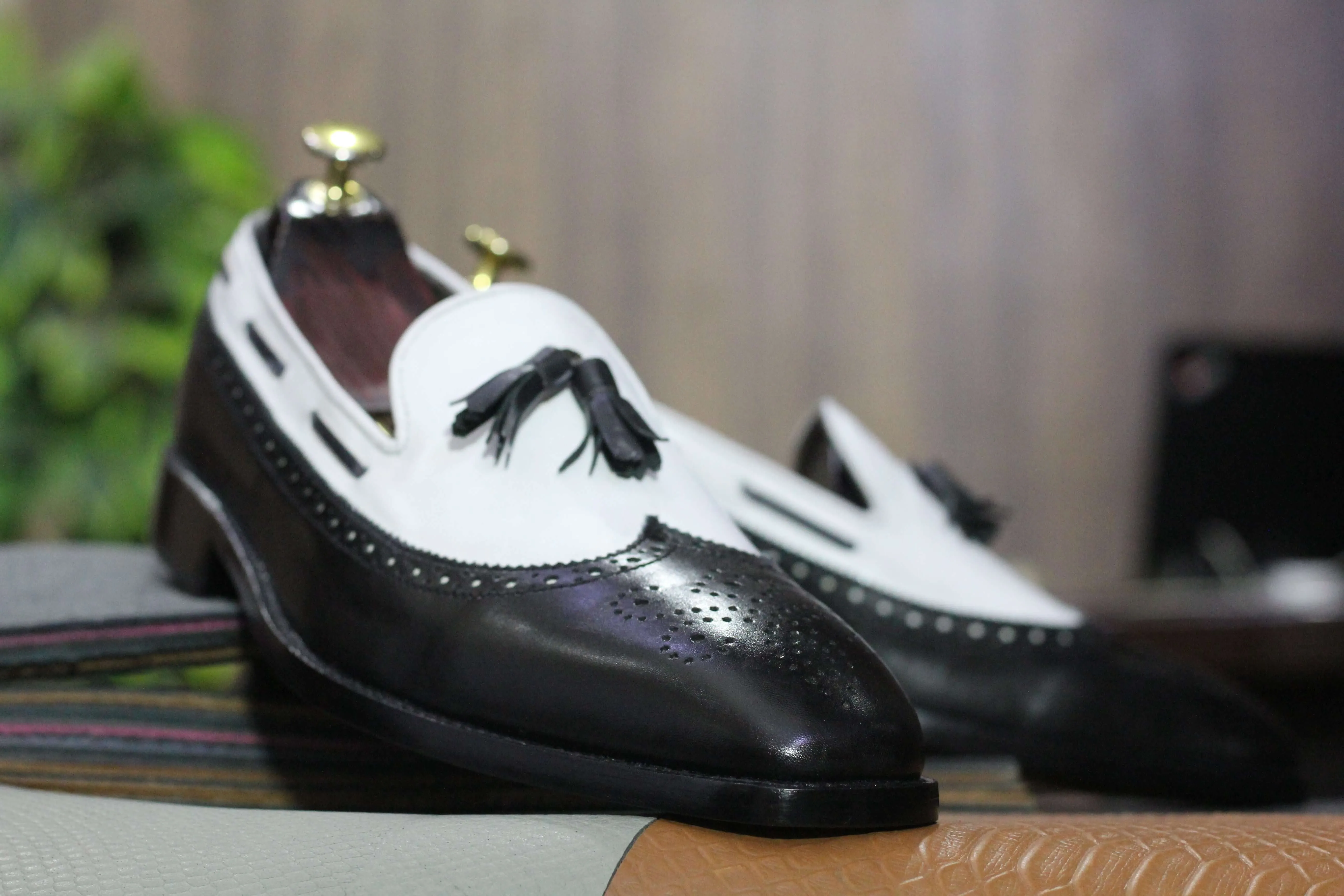 Men's Black &White Slip On Loafer Tussle Shoes, Hand Painted Shoes, Wing Tip Style Shoes