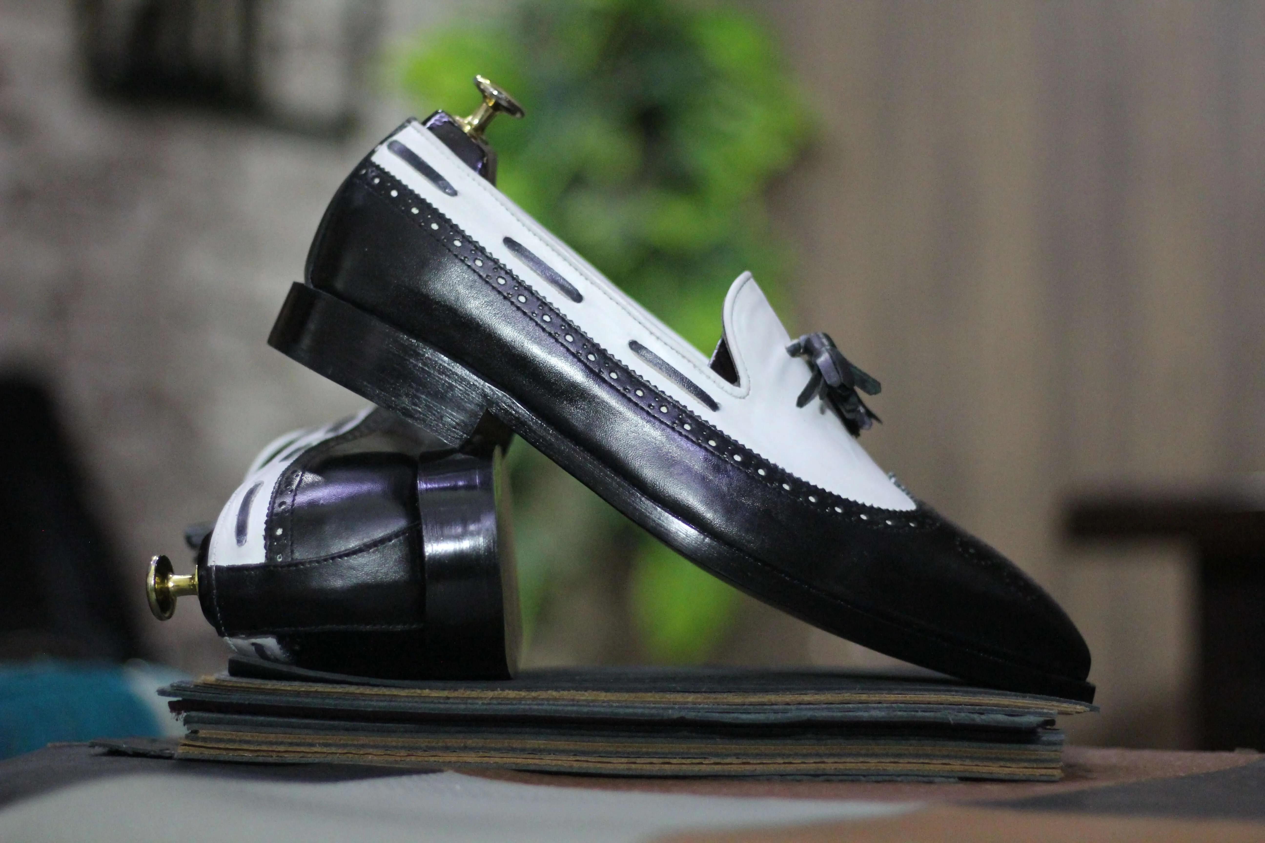 Men's Black &White Slip On Loafer Tussle Shoes, Hand Painted Shoes, Wing Tip Style Shoes