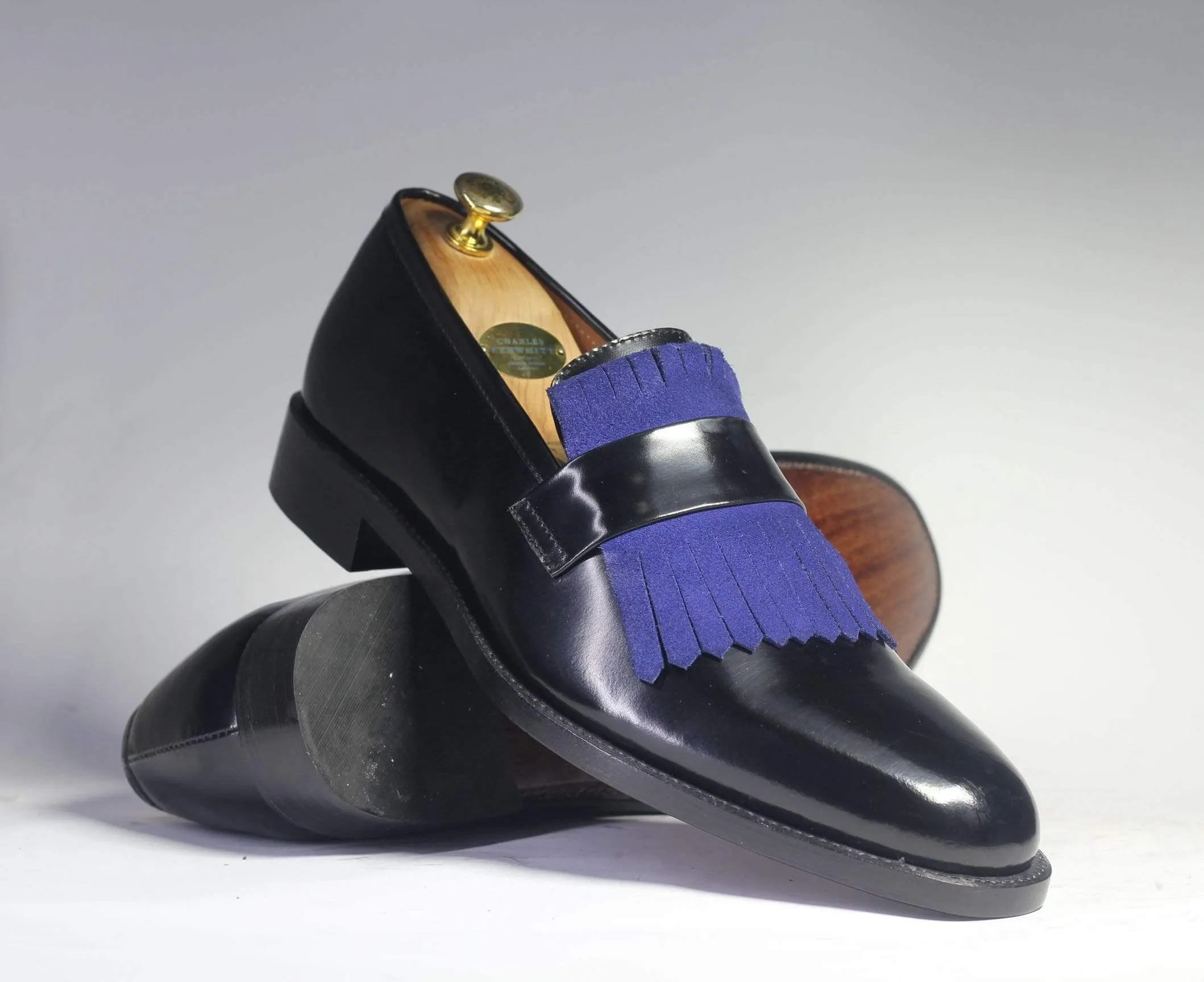 Men's Black Blue Fringe Leather Penny Loafers