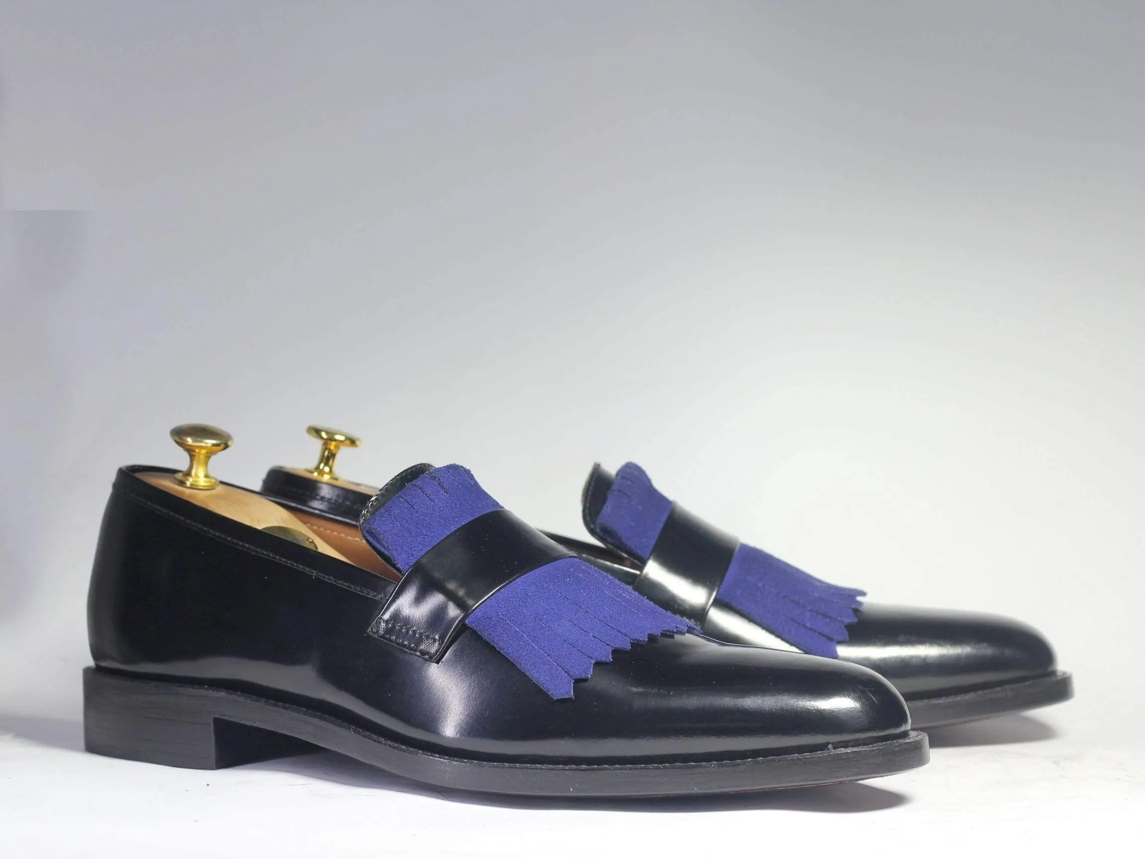 Men's Black Blue Fringe Leather Penny Loafers