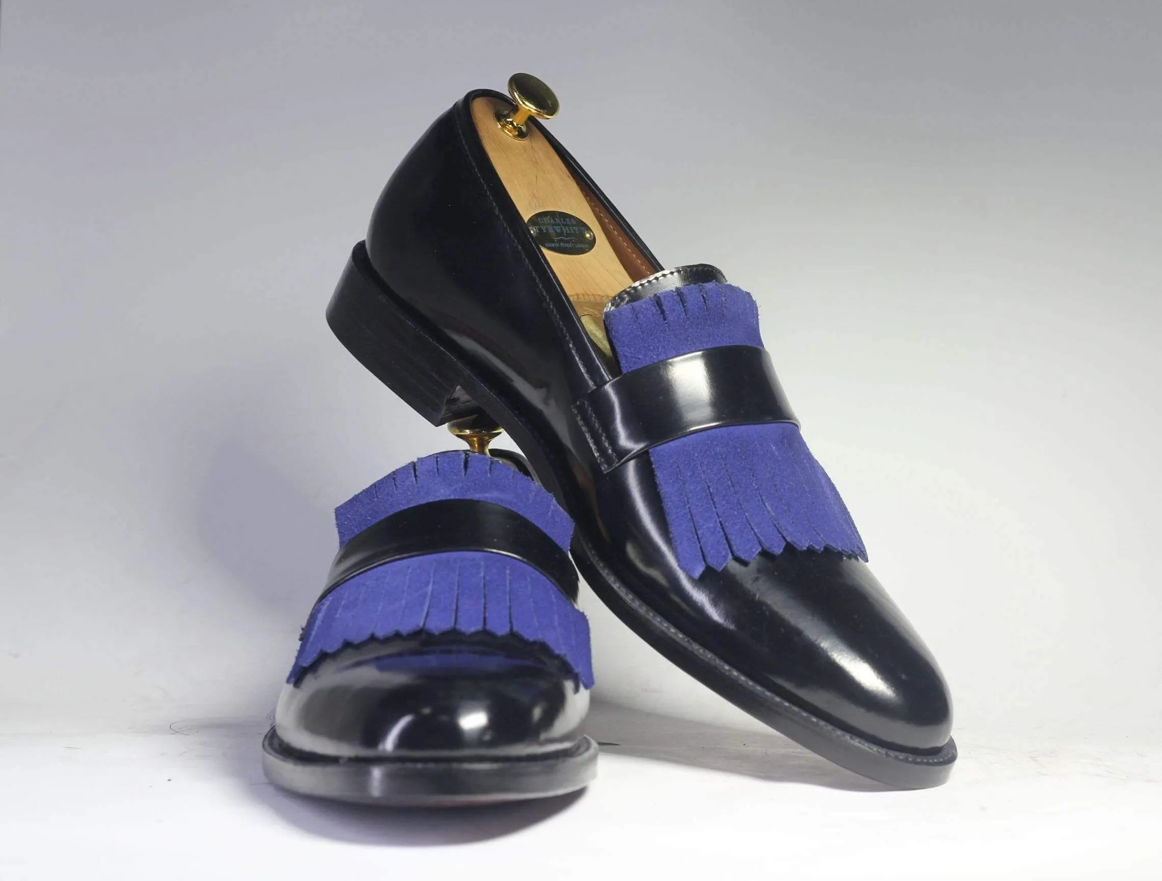 Men's Black Blue Fringe Leather Penny Loafers