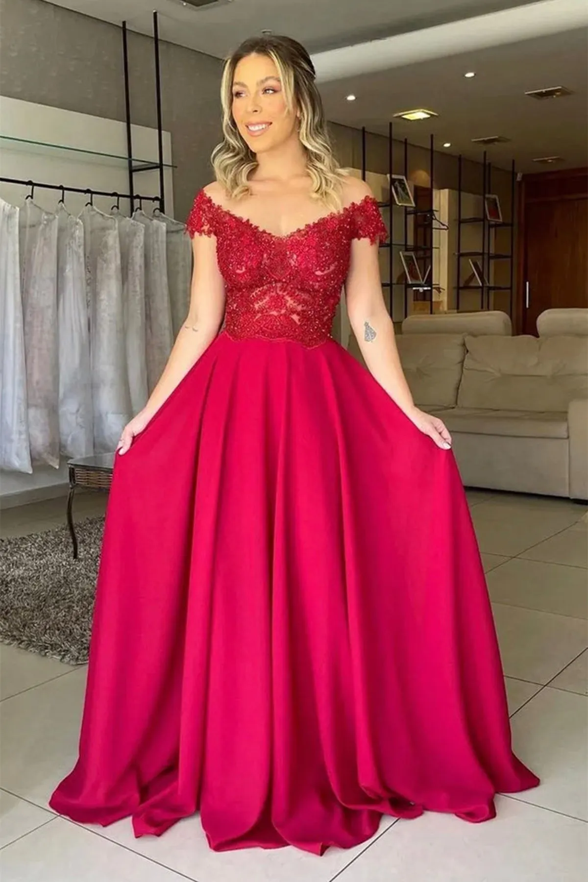 Off Shoulder Blue/Pink/Green/Burgundy Lace Top Long Prom Dress, Blue/Pink/Green/Burgundy Lace Formal Graduation Evening Dress A1610