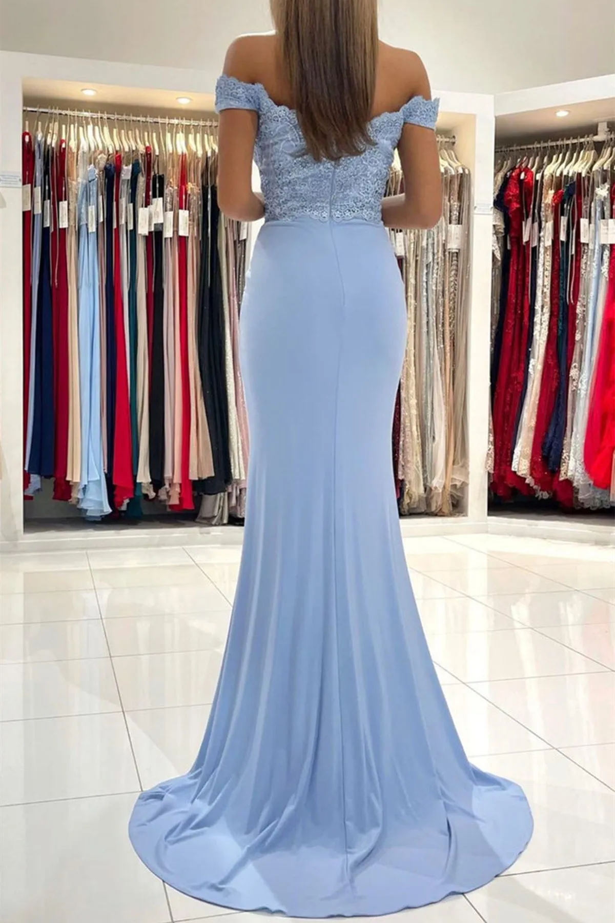 Off Shoulder Mermaid Blue Lace Long Prom Dress, Mermaid Blue Formal Graduation Evening Dress, Blue Lace Bridesmaid Dress A1492