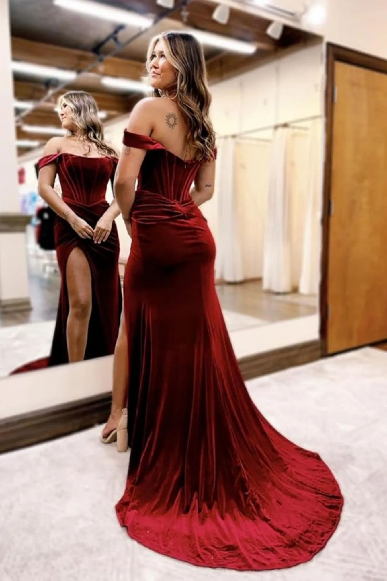 Off Shoulder Mermaid Burgundy/Green/Blue Velvet Long Prom Dress with High Slit, Mermaid Burgundy/Green/Blue Formal Graduation Evening Dress A2239