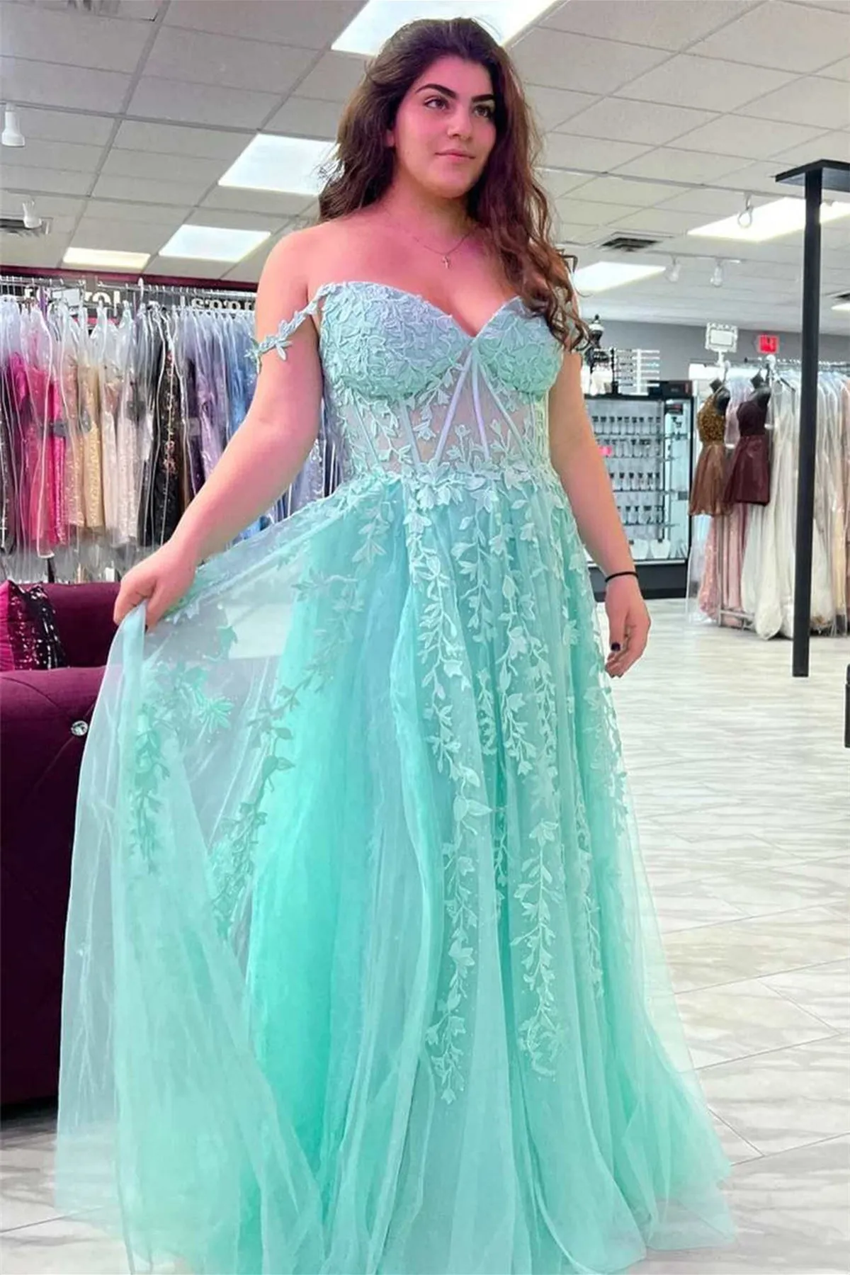 Off Shoulder Teal Lace Long Prom Dress, Off the Shoulder Teal Formal Dress, Teal Tulle Evening Dress A1749