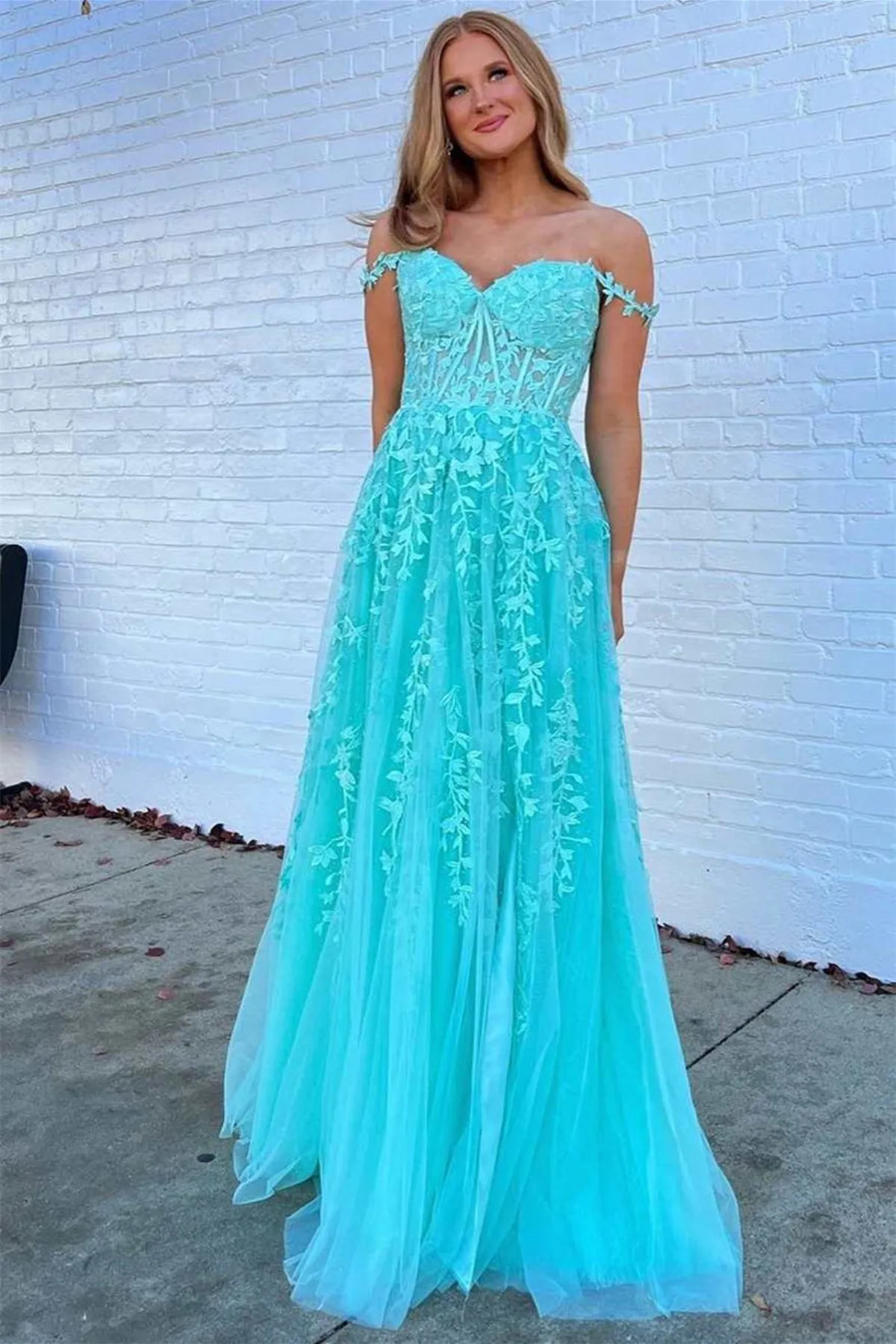 Off Shoulder Teal Lace Long Prom Dress, Off the Shoulder Teal Formal Dress, Teal Tulle Evening Dress A1749