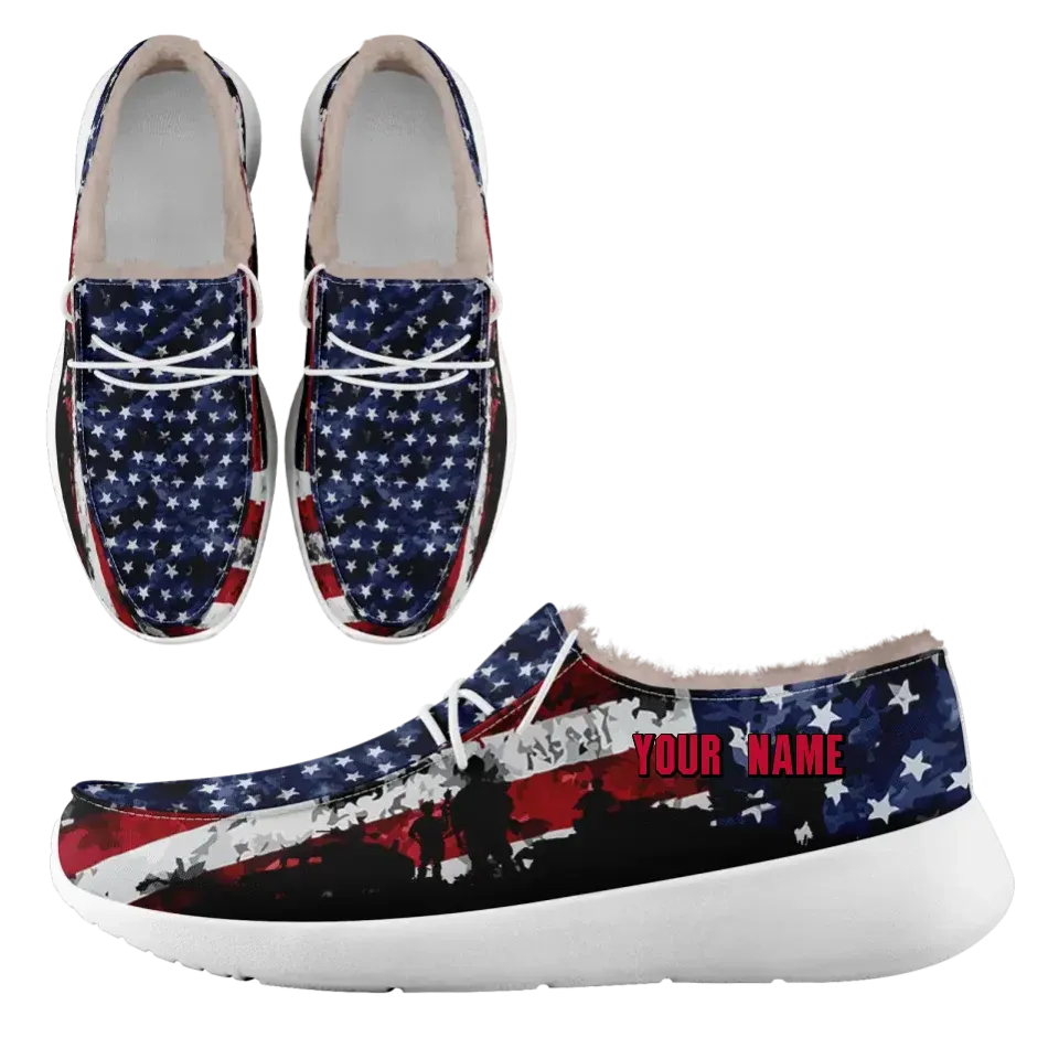 Personalized USA Flag Sneakers, Custom Stars and Stripes Loafer Shoes, Fur Lining Shoe, Pride in Comfort,FN042-24020304-7w