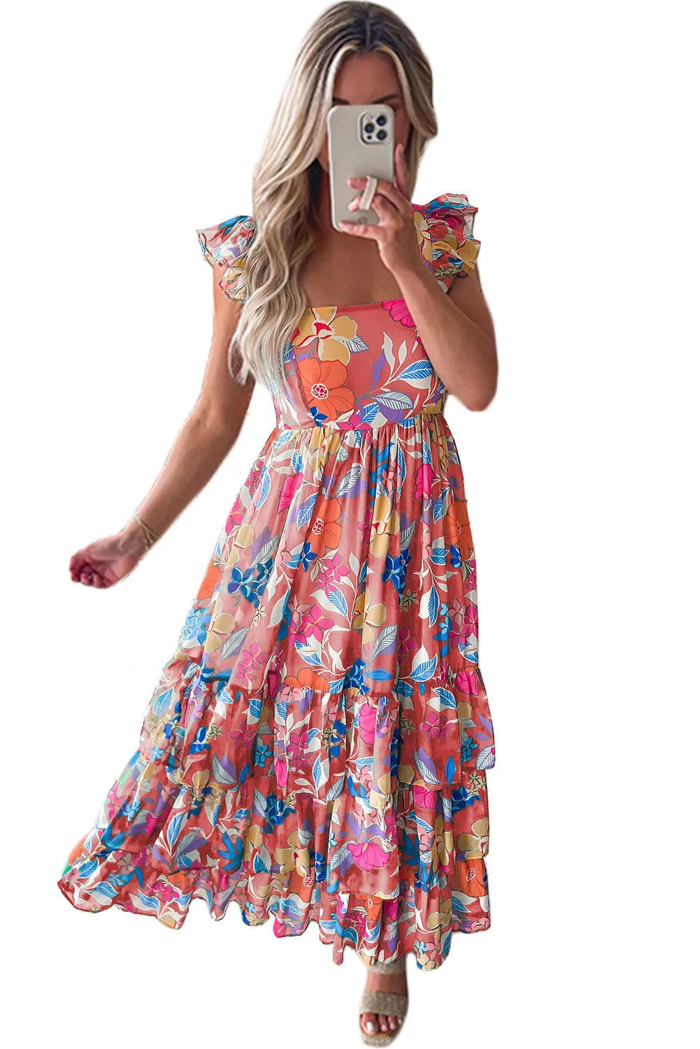 Pink Floral Print Sleeveless Ruffle Tiered Maxi Dress