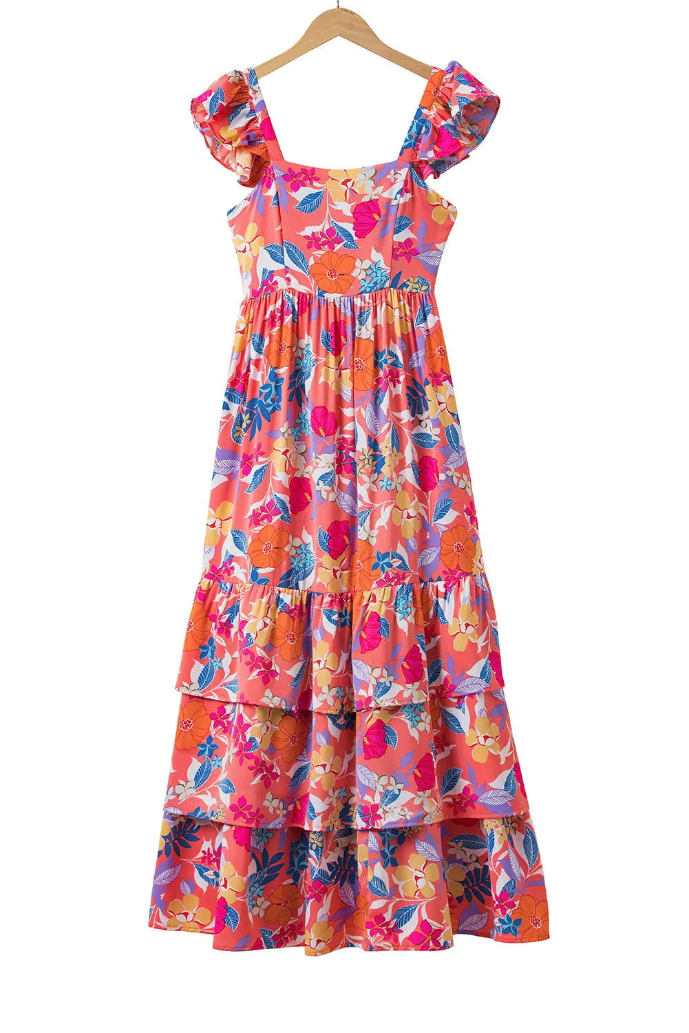 Pink Floral Print Sleeveless Ruffle Tiered Maxi Dress