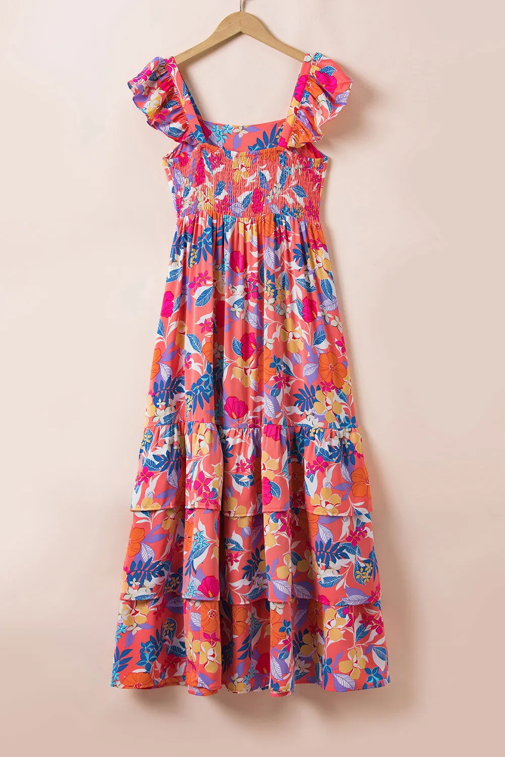 Pink Floral Print Sleeveless Ruffle Tiered Maxi Dress