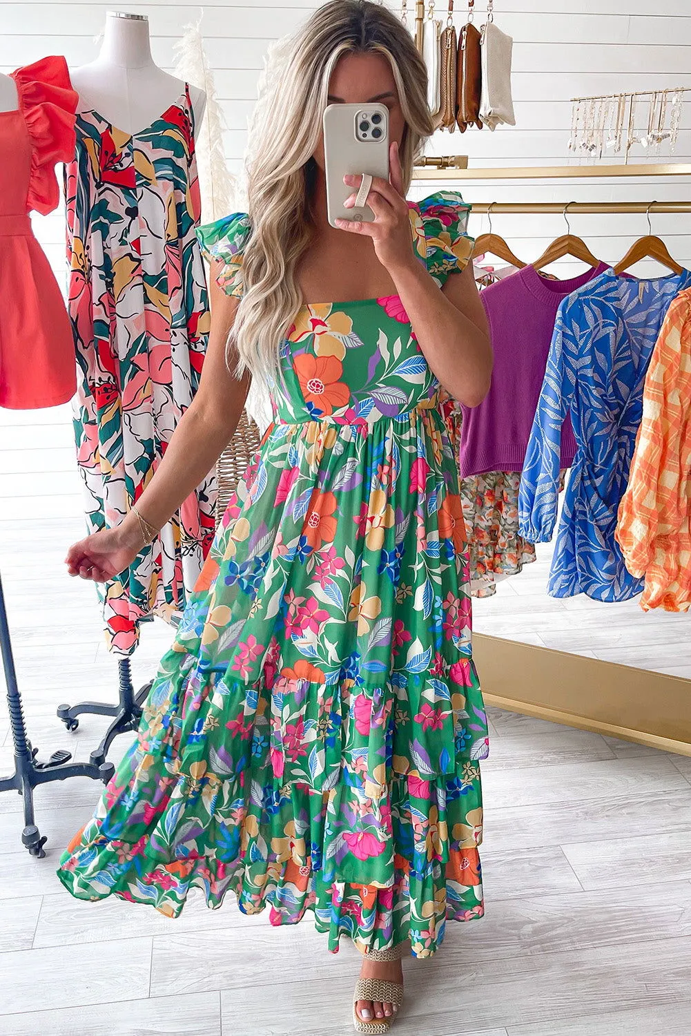 Pink Floral Print Sleeveless Ruffle Tiered Maxi Dress