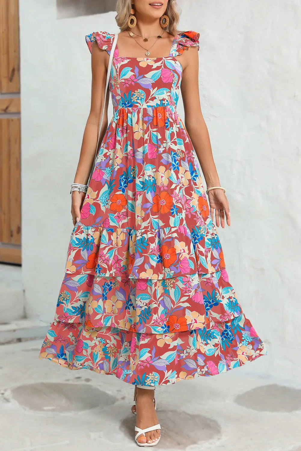 Pink Floral Print Sleeveless Ruffle Tiered Maxi Dress