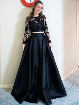 Round Neck Long Sleeves Two Pieces Black Lace Long Prom, 2 Pieces Black Lace Formal Graduation Evening