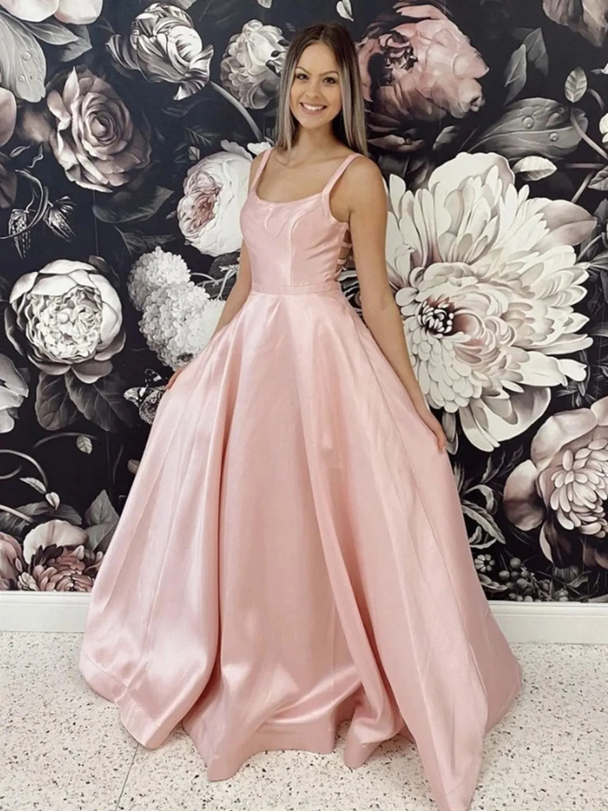 Simple A Line Pink Satin Long Prom, Long Pink Formal Evening