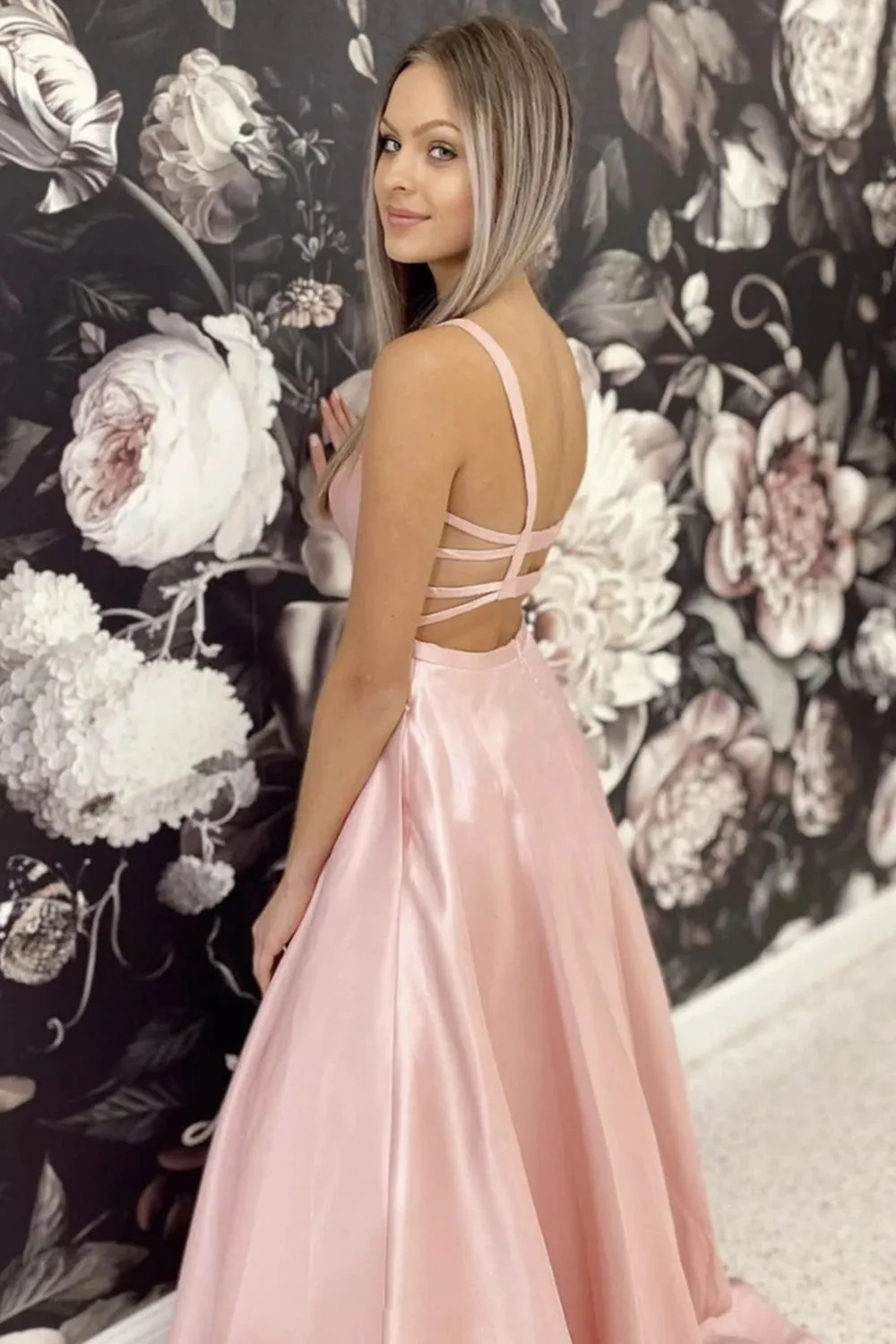 Simple A Line Pink Satin Long Prom, Long Pink Formal Evening