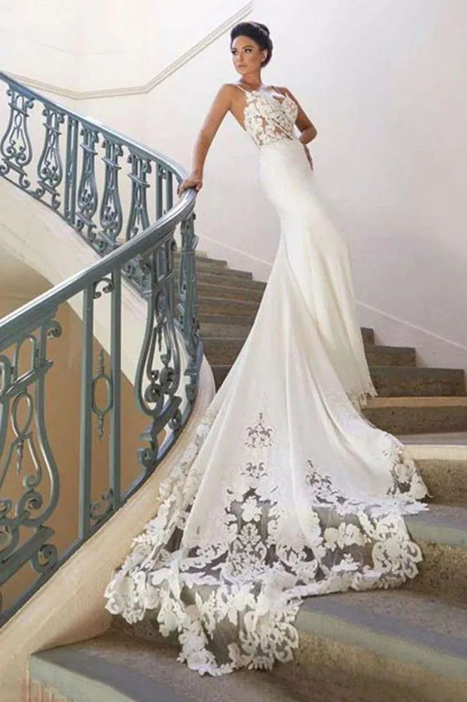 Spaghetti Strap Backless Applique Fitted Mermaid Wedding Dresses WD565