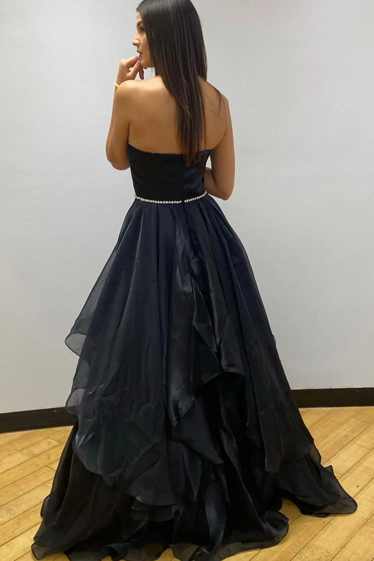 Sweetheart Neck Open Back Black Tulle Long Prom Dress with Belt, Strapless Black Formal Graduation Evening Dress A1448