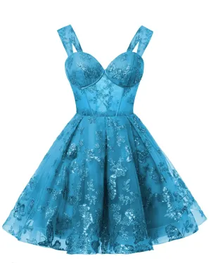 Teens Sparkly Tulle Turquoise Homecoming Dresses Spaghetti Straps Short Cocktail Party Prom Dress