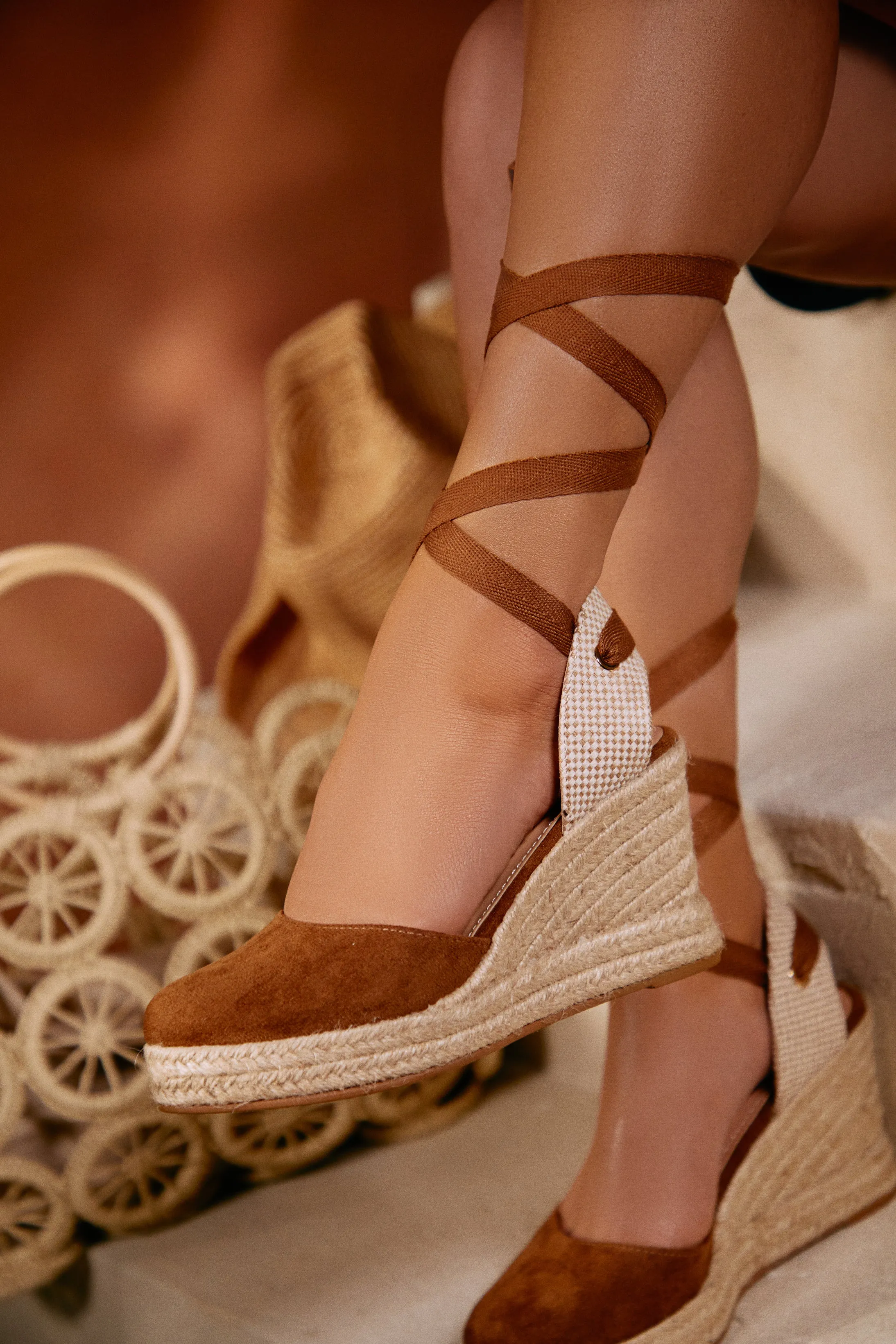 Tropical Vacay Lace Up Platform Espadrille Wedges - Tan