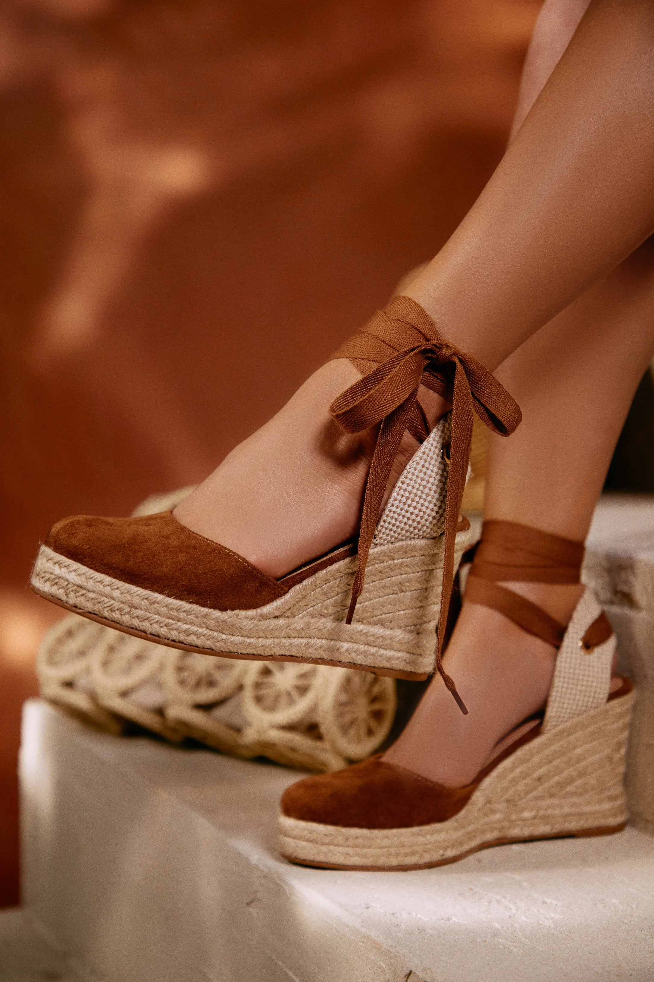 Tropical Vacay Lace Up Platform Espadrille Wedges - Tan