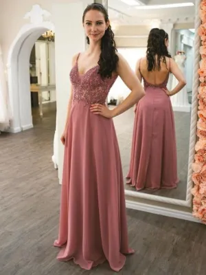 V Neck Backless Dusty Pink Lace Beaded Long Prom Dresses, Dusty Pink Lace Formal Graduation Evening Dresses