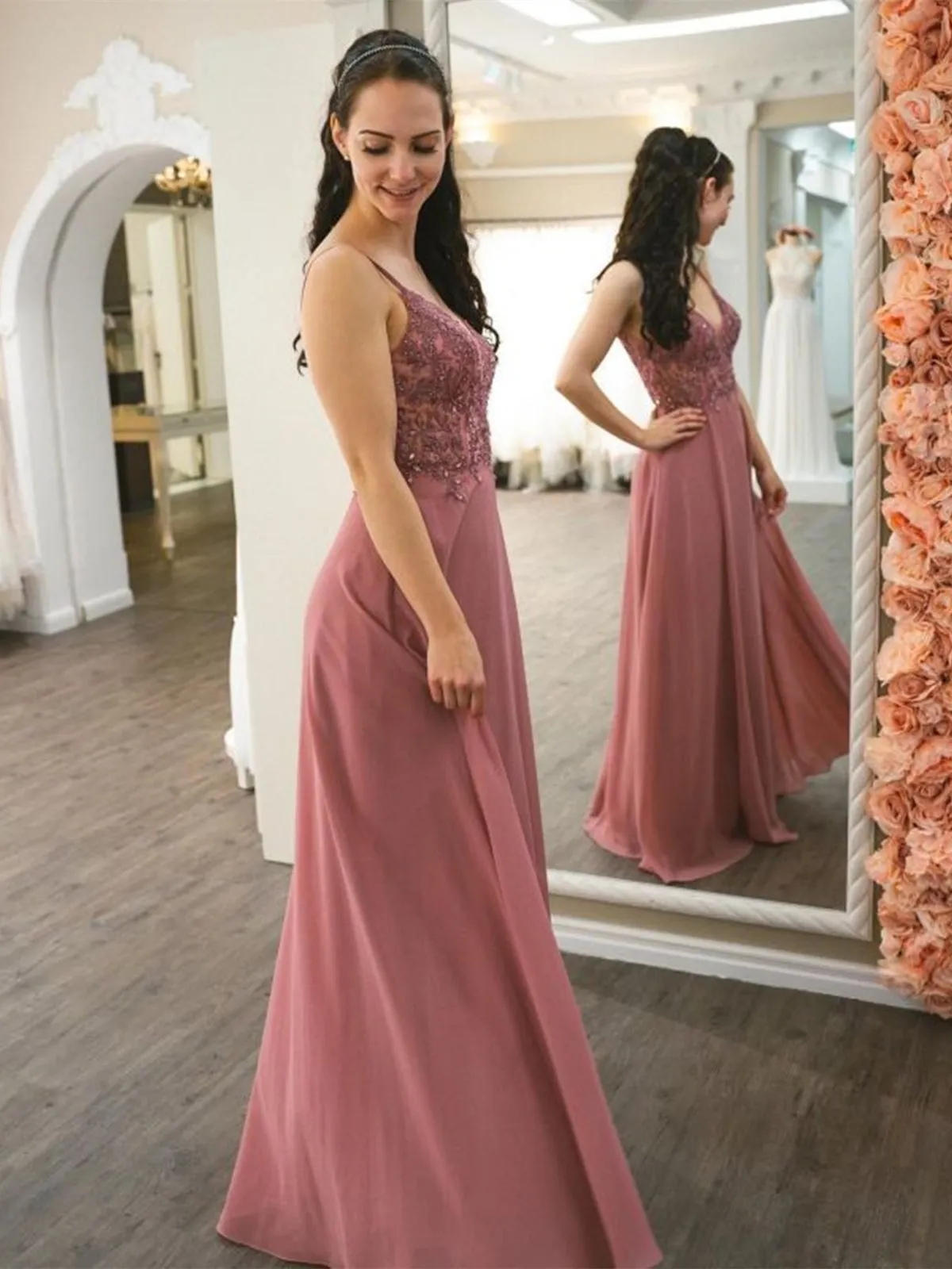 V Neck Backless Dusty Pink Lace Beaded Long Prom Dresses, Dusty Pink Lace Formal Graduation Evening Dresses