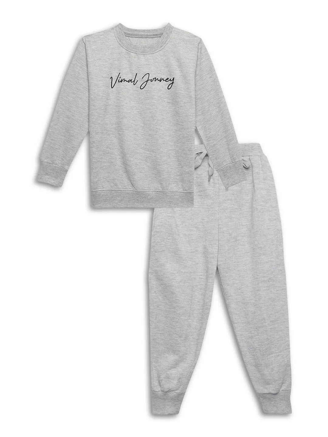 Vimal Jonney Grey Melange Printed Round Neck Cotton Fleece Tracksuit Co-ord Set for Kids