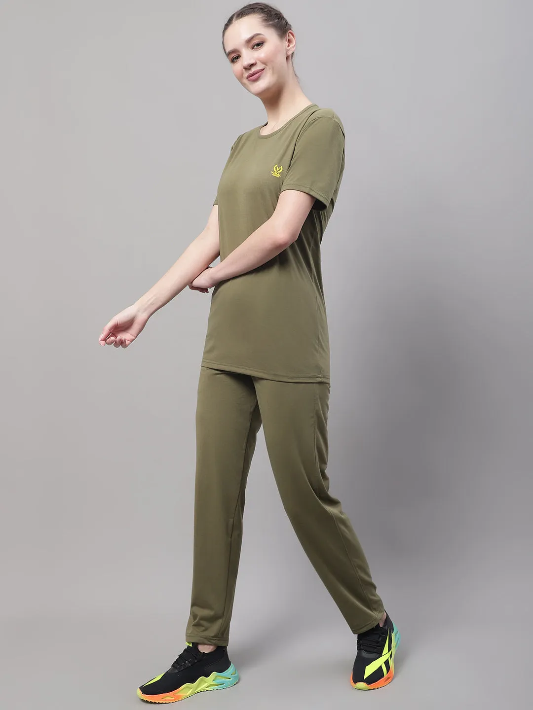 Vimal Jonney Olive Cotton Solid Co-ord Set Tracksuit For Women