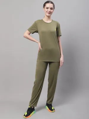 Vimal Jonney Olive Cotton Solid Co-ord Set Tracksuit For Women