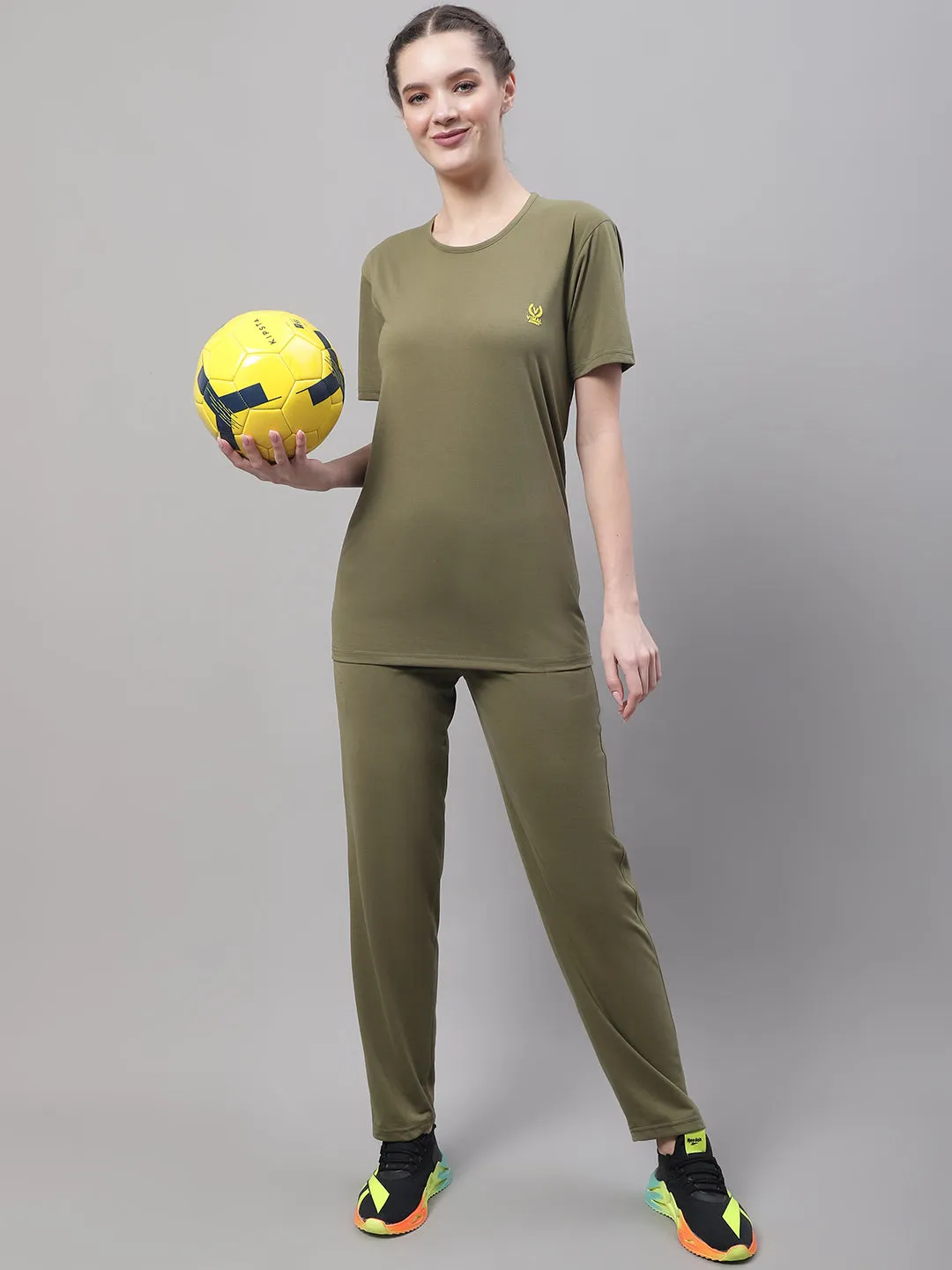 Vimal Jonney Olive Cotton Solid Co-ord Set Tracksuit For Women