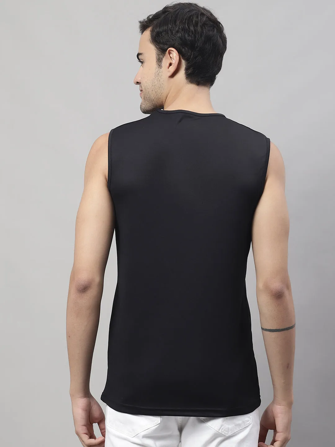 Vimal Jonney Regular Fit Dryfit Lycra Solid Black Gym Vest for Men