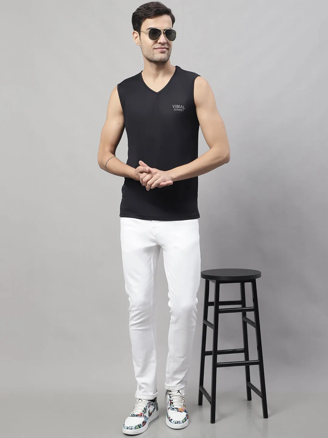 Vimal Jonney Regular Fit Dryfit Lycra Solid Black Gym Vest for Men