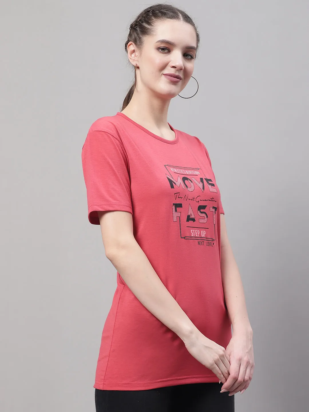 Vimal Jonney Round Neck Cotton Printed Pink T-Shirt for Women