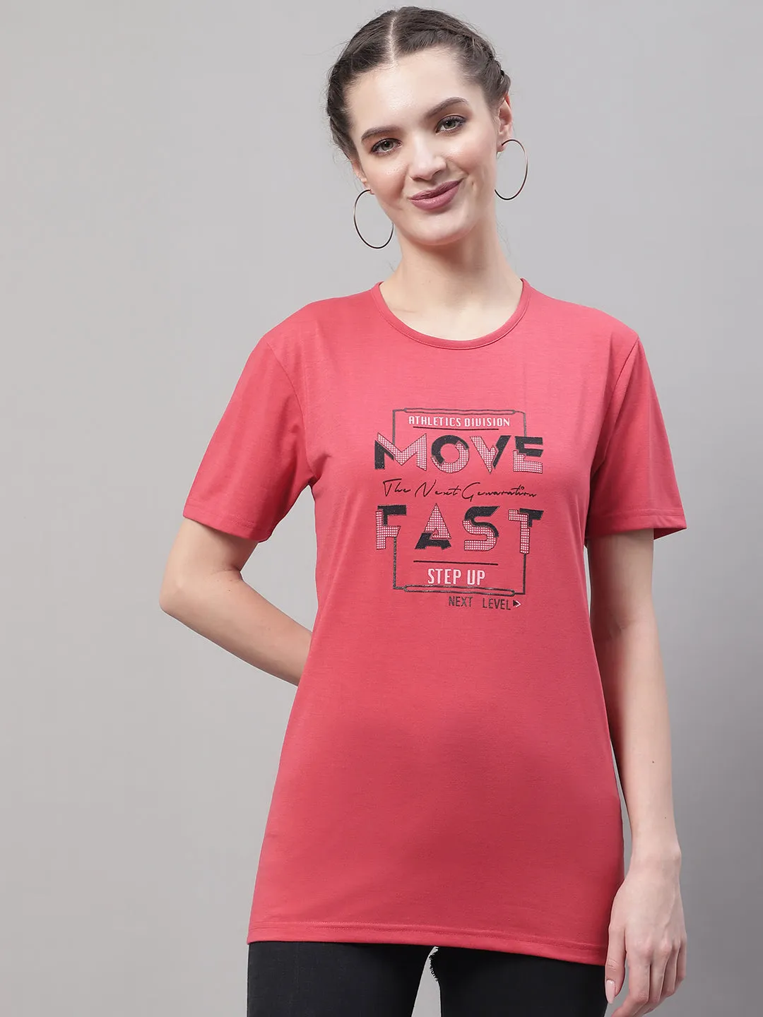 Vimal Jonney Round Neck Cotton Printed Pink T-Shirt for Women