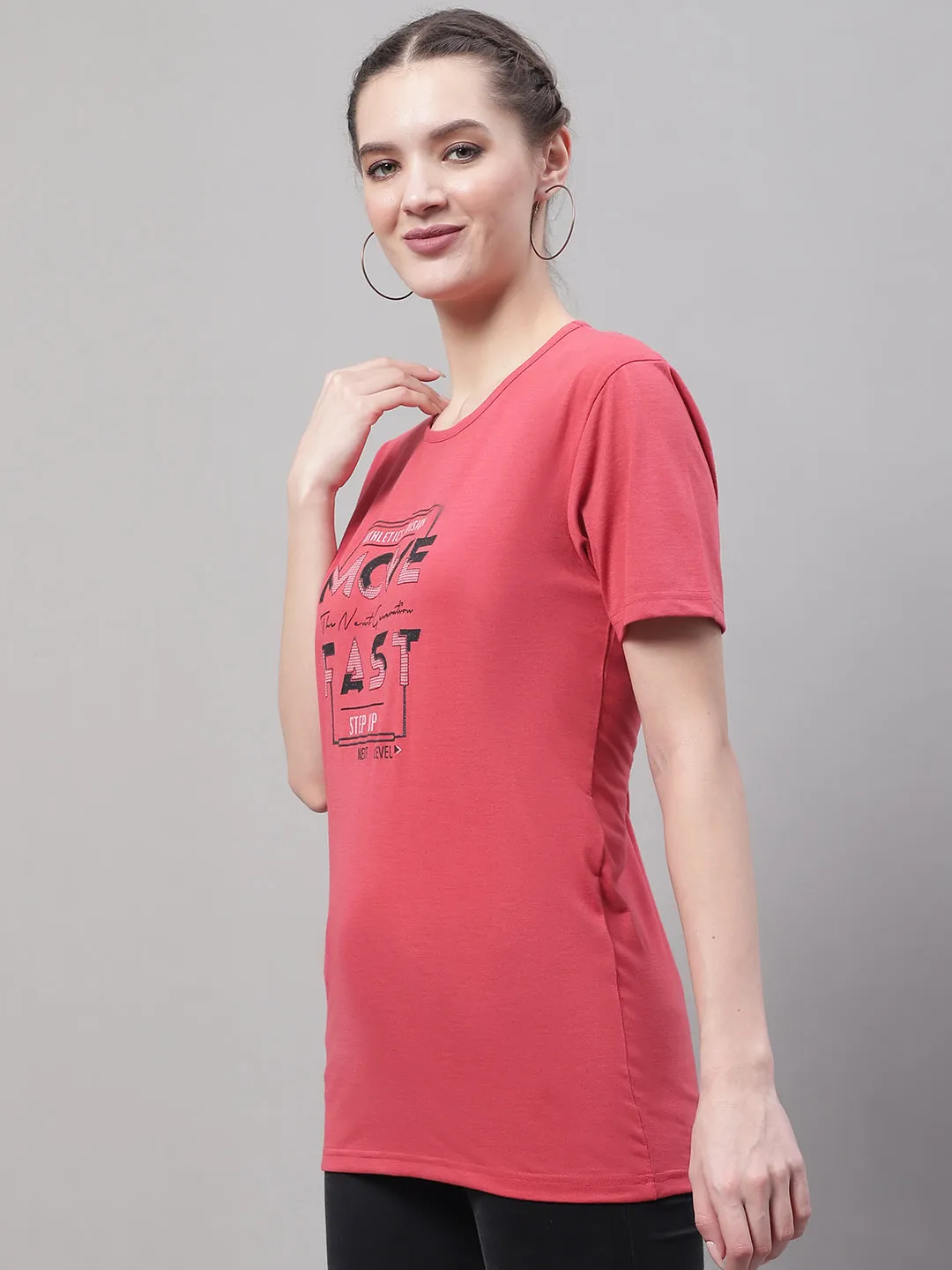 Vimal Jonney Round Neck Cotton Printed Pink T-Shirt for Women