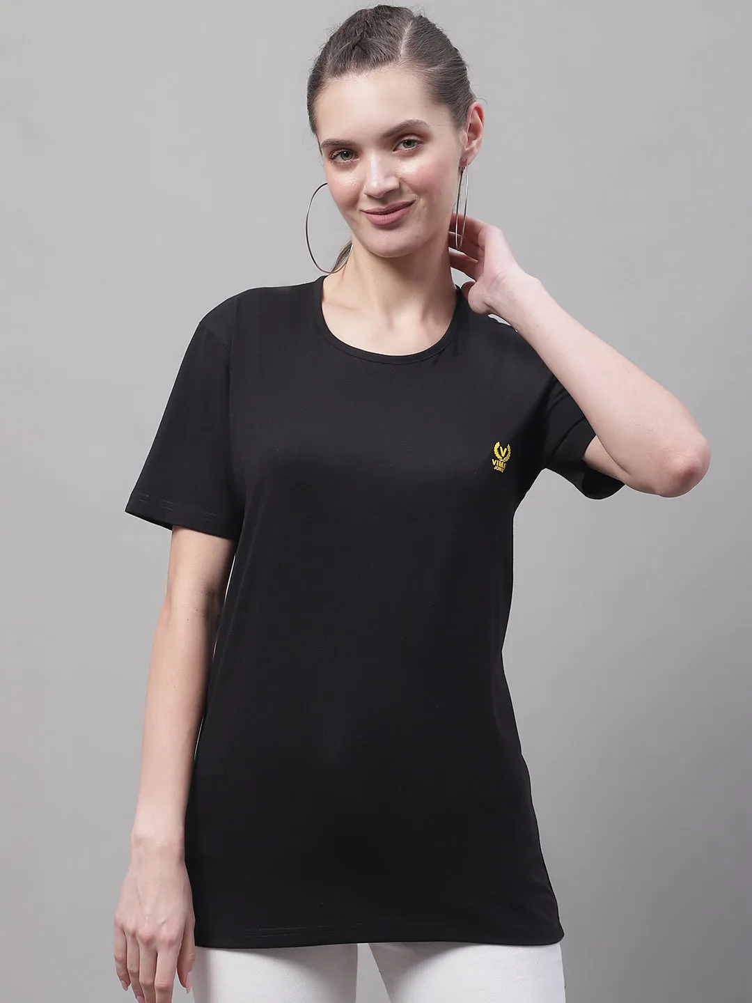 Vimal Jonney Round Neck Cotton Solid Black T-Shirt for Women