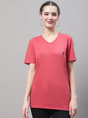 Vimal Jonney V Neck Cotton Solid Pink T-Shirt for Women