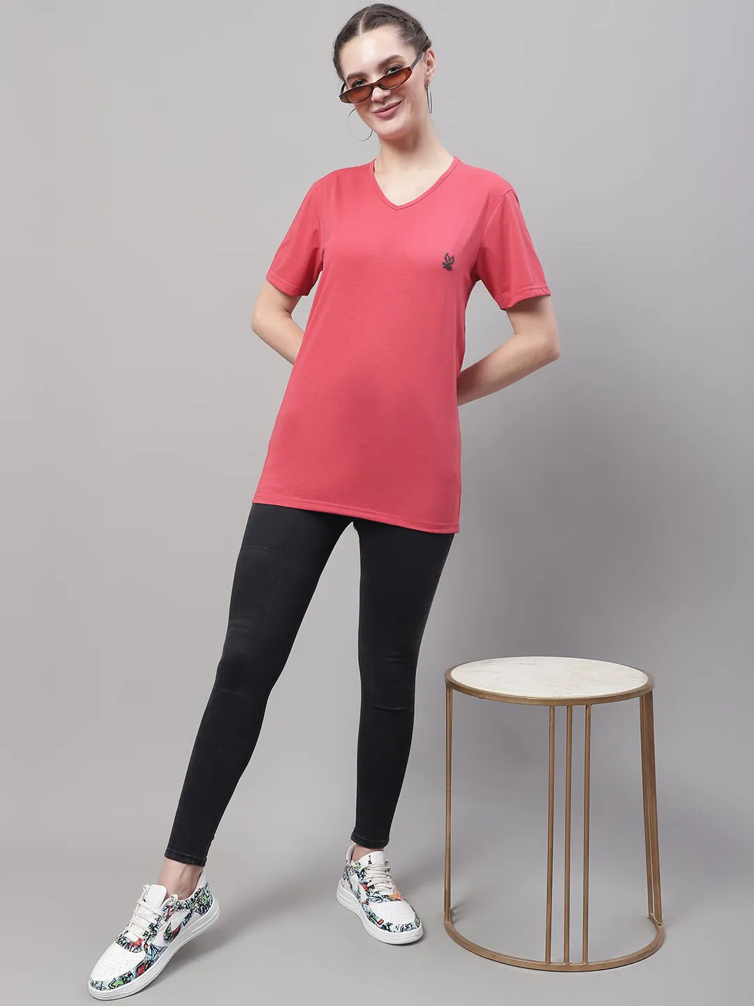 Vimal Jonney V Neck Cotton Solid Pink T-Shirt for Women