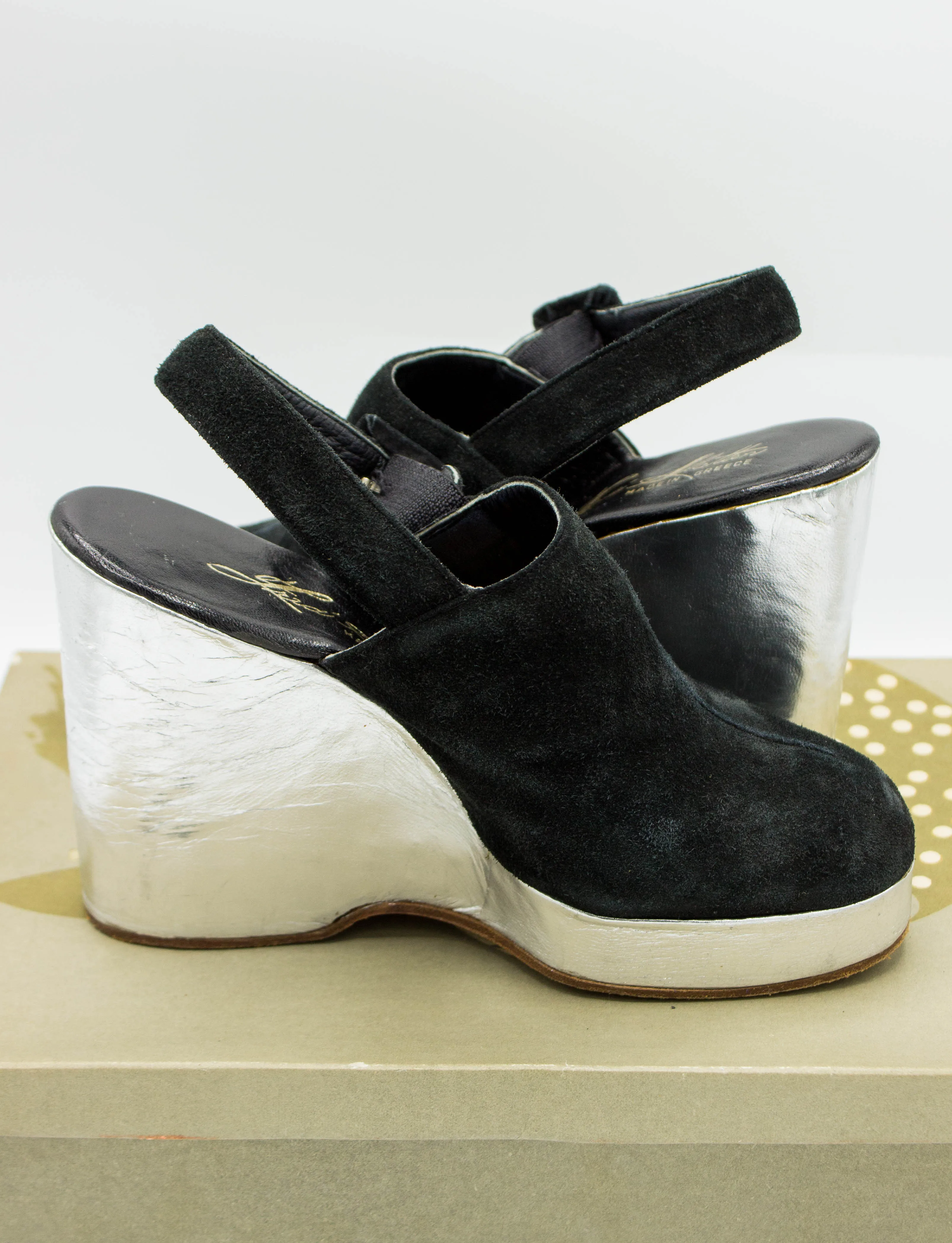 Vintage 70s Fred Slatten Black Suede and Silver Wedges Size 6