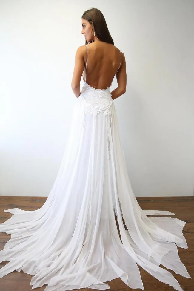 White Backless Tulle Lace Prom Dress, White Wedding Dress, Backless Evening Dress