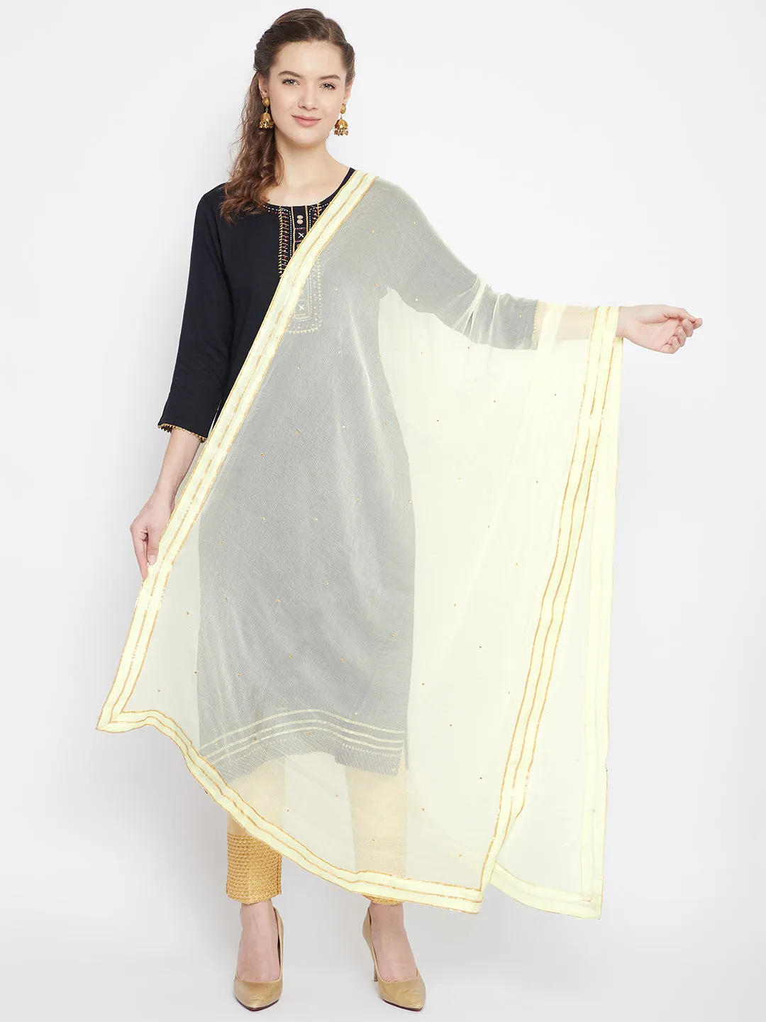 Women'S Cream Sequinned Chiffon Dupatta